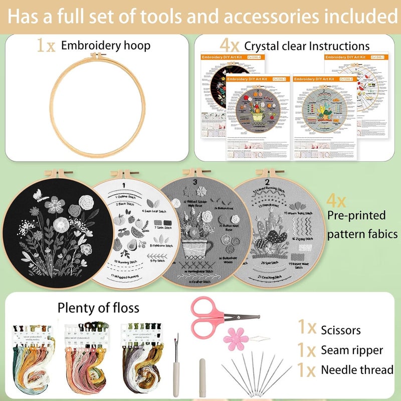 Ohcol Embroidery Kit for Beginners, 4 Floral Patterns, Learn 33 Stitches, Pre-Printed Fabric, Hoop, Colored Threads and Needles, Easy Video Guide, DIY Hand Sewing Gift for Adults and Teens - Image 2
